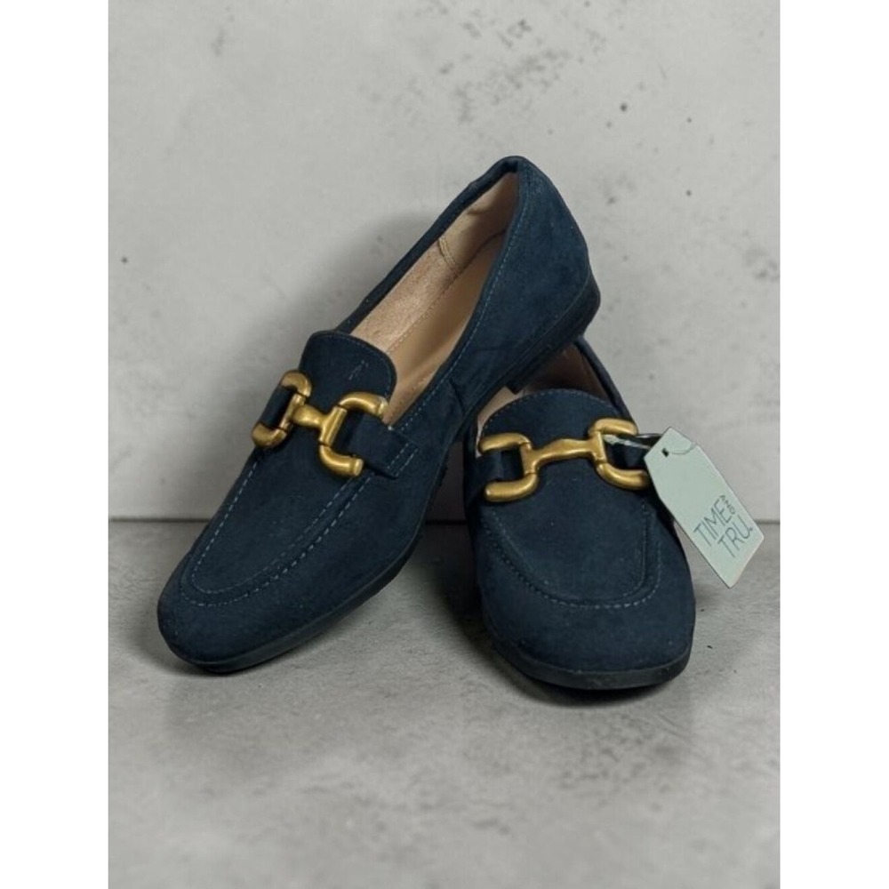 Faux Suede Buckle Loafers Size 7 Navy New NWT - Picture 3 of 9